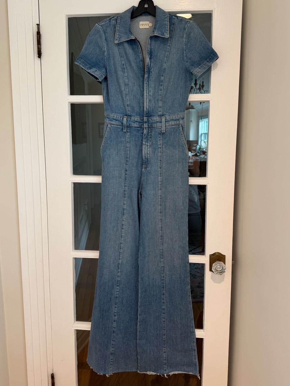 Alice + Olivia “Gorgeous” Denim Jumpsuit w Raw Hem, Size 27